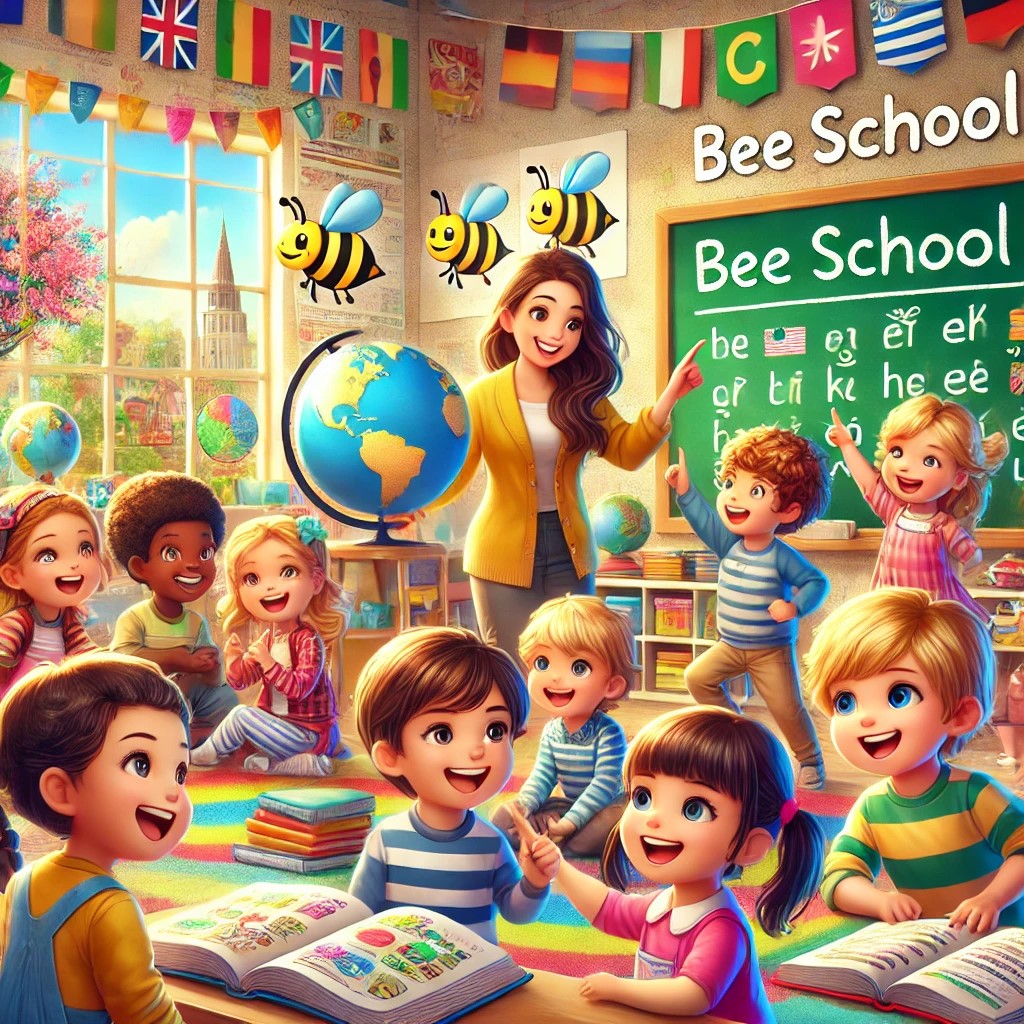 福岡エリアの幼児がカラフルな教室で楽しく第二言語を学んでいる様子。ボードには「Bee School」と書かれている。