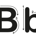 アルファベットのBの大文字と小文字の書き順を示す画像。矢印で筆順が明確に表示されています。