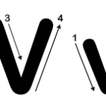 アルファベットW の 大文 字 と 小文 字 の 書き 順 を 示す 画像 。 矢 印 で 筆 順 が 明確 に 表示されています。